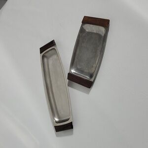 Set of 2 Mid-Century Stainless Steel Wood Handle Large Butter or Celery Dish